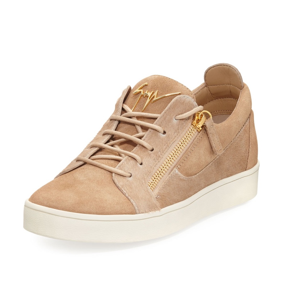 Giuseppe Zanotti Suede Calf Hair Double Zip Low Top Sneaker